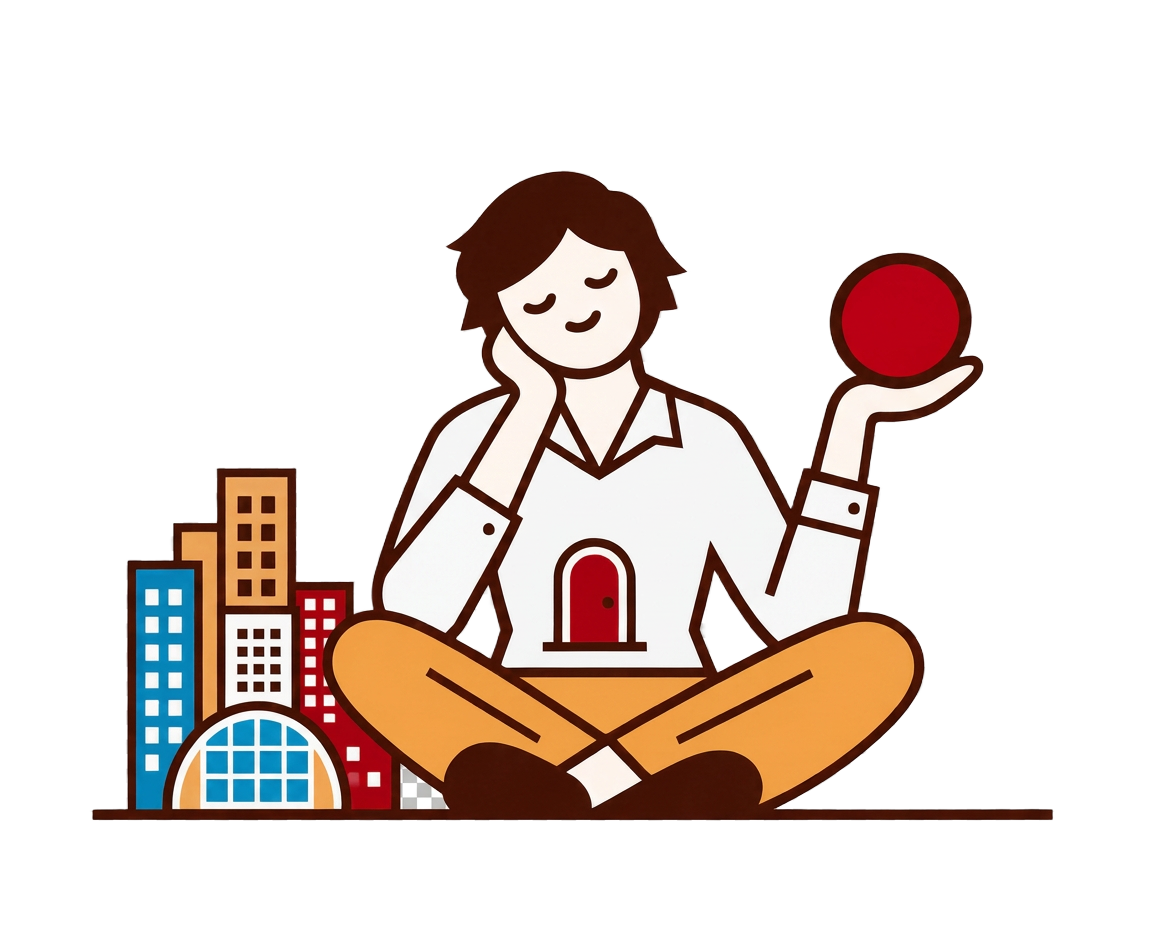 Omino seduto in meditazione con sfera rossa e palazzi sullo sfondo.